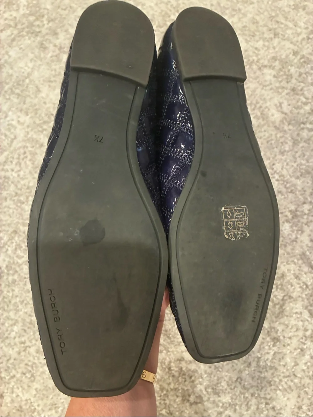 Tory Burch Navy Patent Logo Square-Toe Ballet Flats